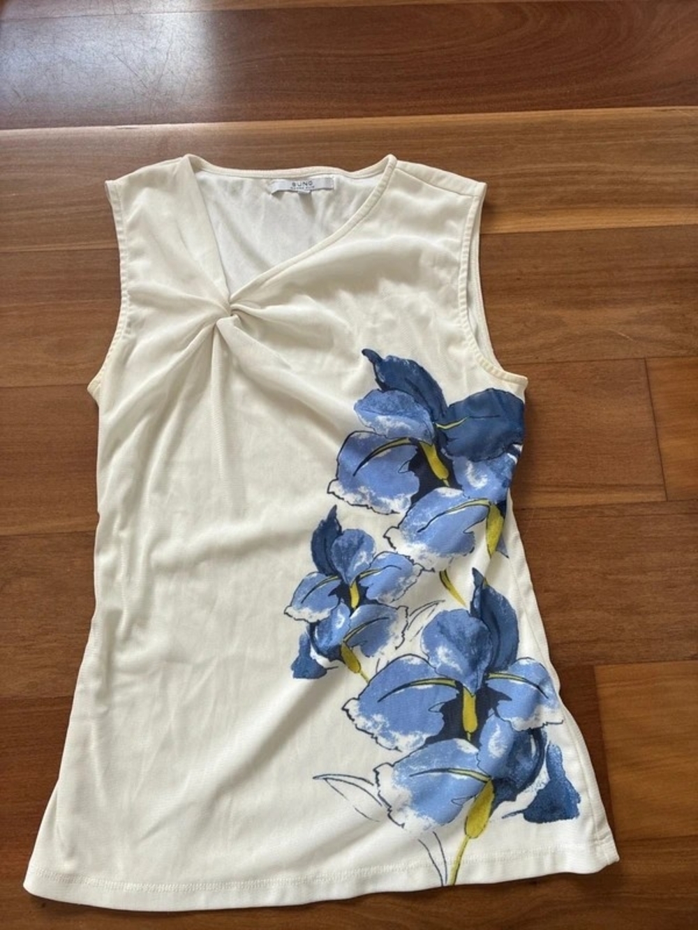 Sleeveless Cream Floral Twist-Front Top with Blue Print
